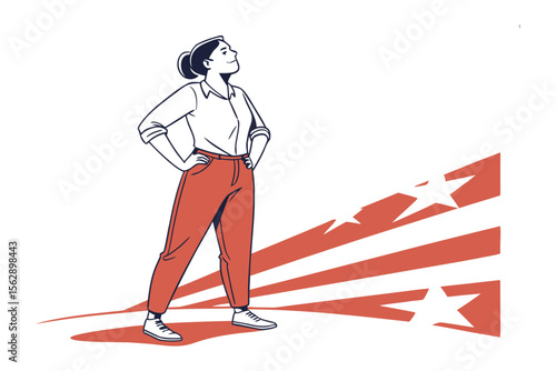 Confident Woman: A woman stands confidently, hands on hips, gazing upwards with an expression of determination and hope, set against a stylized patriotic background.