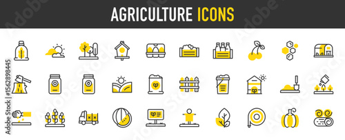 Agriculture vector icons. such as Leaves, Fences, Trees, Greenhouse, Wheat, Watering Can, Shovel, Clouds, Jam, Vegetables, Plant, Hay, Honey, Hose, Milk, Pumpkin, Sack illustration.	
