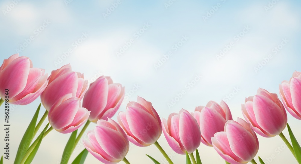 Fototapeta premium 春の柔らかな光、ピンクのチューリップが優しく弧を描く