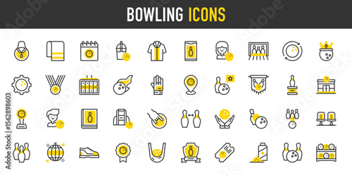 Bowling vector icons. such as Disco Ball, League, medal, Calendar, Banner, Bowling Pins, Award, clothes, Cleaning, Ticket, Powder, Bag, Towel, Softdrink, Shirt, Player, Rotation, King illustration.	
