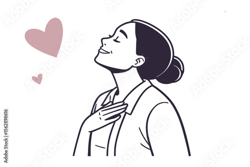 Cherished Moments: A simple illustration of a woman, depicted in a heartwarming moment of self-love. Smiling and with eyes closed. A symbol of pure joy and gentle peace. 