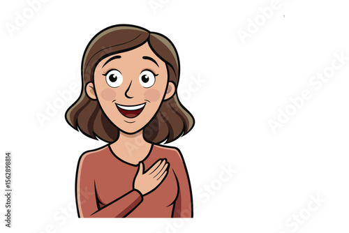 Expressing Self-Assurance: A cheerful woman, her hand gently resting on her chest, embodying self-assurance and sincerity in a captivating visual representation.
