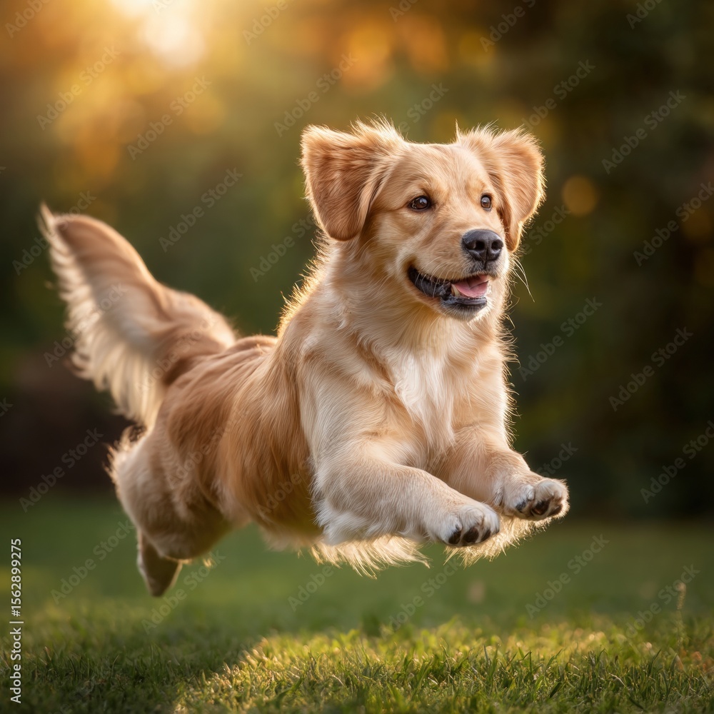 Golden retriever dog leaping joyfully through lush grass with glimmering sunlight reflecting on its beautiful fur Golden retriever dog leaping joyfully through lush grass with glimmering sunlight reflecting on its beautiful fur