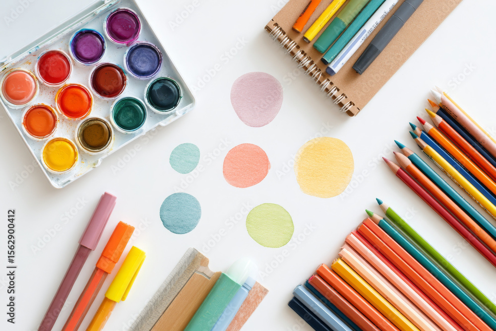 Naklejka premium Colorful art supplies arranged on white background, showcasing creativity and inspiration