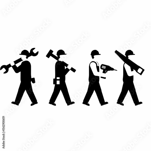 Silhouette illustration of construction workers carrying various tools, depicting different stages of work.