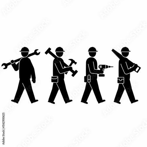 Four simple black silhouettes of construction workers carrying different tools while walking.