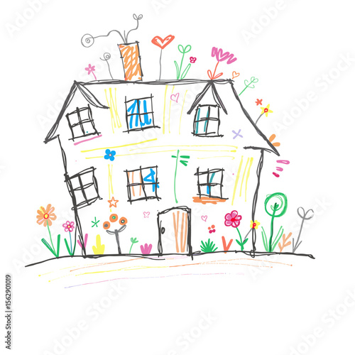  Children’s House Drawing Vector | Hand-Drawn Kids Art Style Illustration