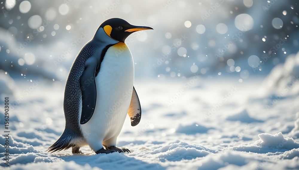 Obraz premium A single emperor penguin, aptenodytes forsteri, standing tall on a vast snow and ice expanse, looking into the distance
