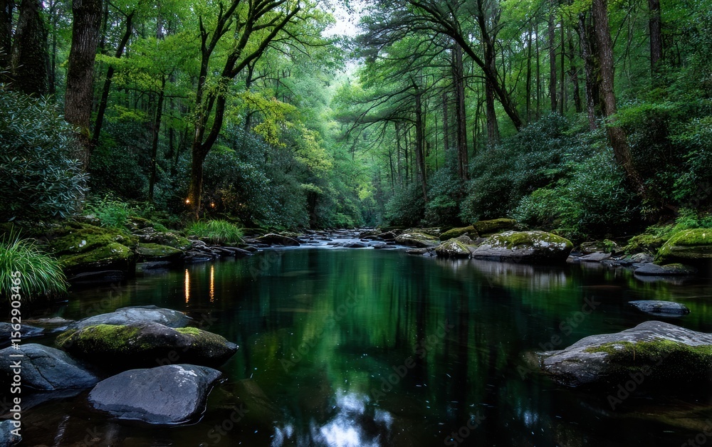 Fototapeta premium Tranquil forest stream reflecting the canopy