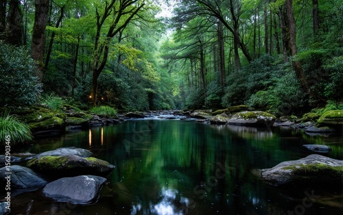Tranquil forest stream reflecting the canopy