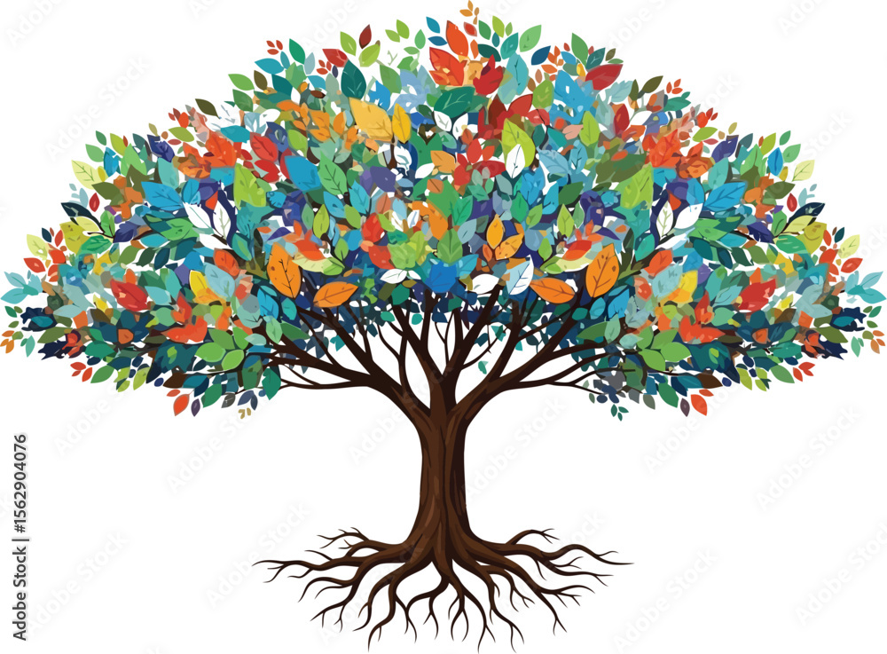 Fototapeta premium A colorful tree with brown trunk and roots on a plain white background