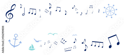 夏をイメージした音符のフレームイラスト　背景イラスト　マリンモチーフ