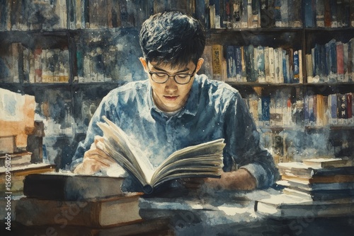 Male Asian student studying and reading a book in the library, focusing on his academic pursuits, Generative AI
