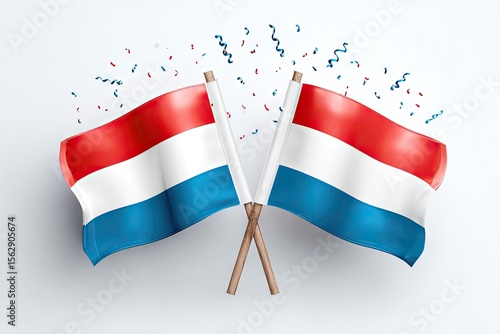 Two crossed Luxembourg flags amidst confetti