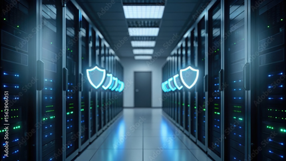 Fototapeta premium Defocused tech environment with glowing shield icons symbolizing advanced data security 
