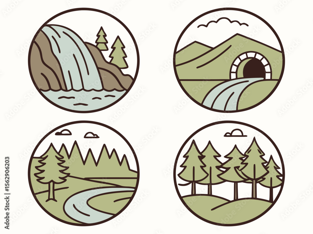 Fototapeta premium Four circular illustrations showcase nature scenes, including a waterfall, tunnel, and forests.