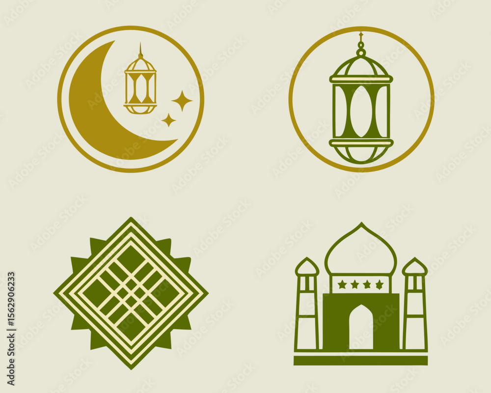 Four Islamic themed icons: crescent moon with lantern, hanging lantern, patterned square, and a mosque with minarets. Four Islamic themed icons: crescent moon with lantern, hanging lantern, patterned square, and a mosque with minarets.