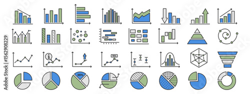 Business chart icon set with graph, statistic, line and bar diagram for finance or analysis. Pie graphics with horizontal and donut layout for data growth. Vector.