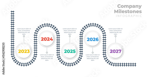Timeline infographic with five steps and business milestones for process planning or data report. Vector chart with line, time, step, and diagram elements. Modern roadmap layout