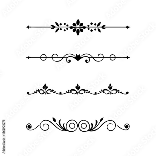 Text dividers doodle set.Wedding decorative elements. ornament, borders, floral, vintage line separators. Hand drawn vector illustration isolated on white background. Set page dividers.
