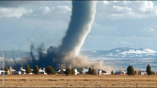 Tornado far off on prairie horizon, sky swallowing earth in silent menace