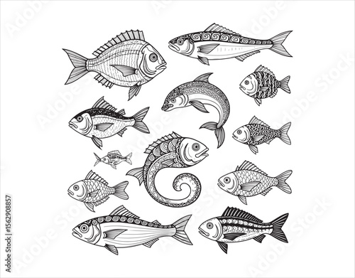 Hand-drawn illustrations of Greek fish, showcasing blue traditional fish symbols and icons. Vector design.