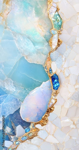 Close-up of a mosaic design.  Blue, white, and gold stones, opalescent