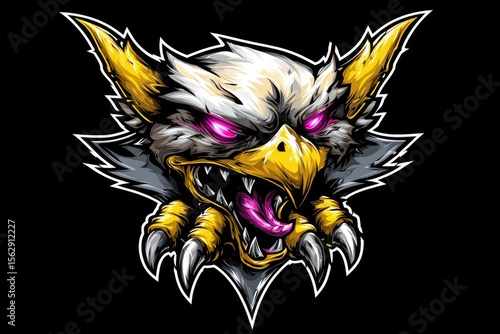 Close-up graphic design of a fierce, mythical bird head.  Sharp talons, vibrant yellow beak, and glowing pink eyes.  Bold, stylized feathers and spiky details