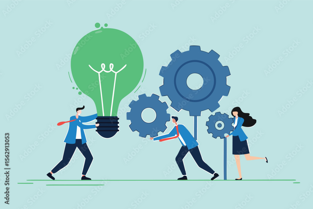 Flat illustration of employees turning giant green ESG lightbulb gear to drive corporate sustainability machine Flat illustration of employees turning giant green ESG lightbulb gear to drive corporate sustainability machine