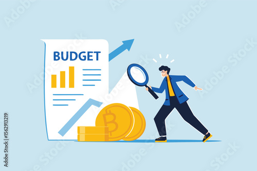 Flat illustration of businessman revealing hidden coins under budget sheet with magnifier light to uncover financial insights and spending analysis 