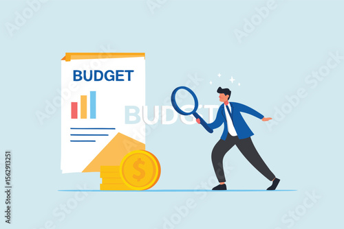 Flat illustration of businessman revealing hidden coins under budget sheet with magnifier light to uncover financial insights and spending analysis 
