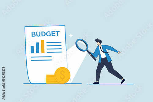 Flat illustration of businessman revealing hidden coins under budget sheet with magnifier light to uncover financial insights and spending analysis 