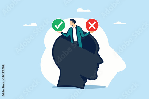 Flat illustration of businessman holding check mark and cross signs inside head silhouette representing internal dilemma, decision making and critical thinking