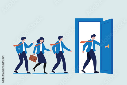 Flat illustration of business leader opening door of opportunity while team follows for collaborative success