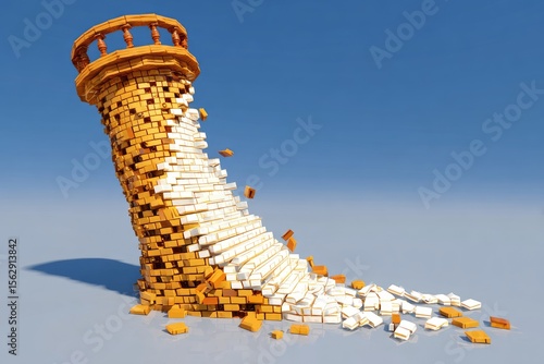 Tower of crumbling blocks; light beige and golden