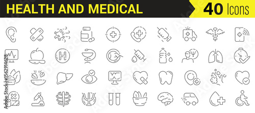 Forty linear icons representing health and medical themes in a sleek outline style, perfect for web and graphic design needs. Vector illustration.