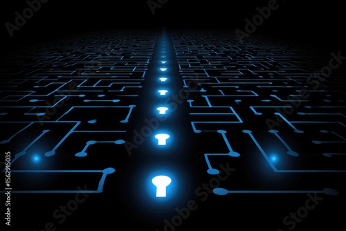A pathway of glowing keys through a complex circuit