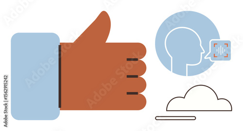 Thumbs-up hand gesture alongside voice recognition profile icon and cloud design. Ideal for communication, virtual assistant, AI, approval, feedback, modern tech, digital interaction. Simple flat