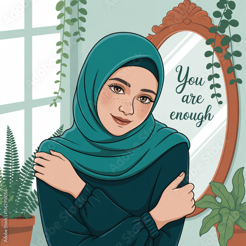 Self-Love and Positivity: Hijabi Woman Hugging Herself in Peaceful Space