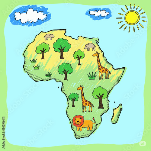A colorful and creative illustration of Africa with diverse animal, trees, clouds, and sun.