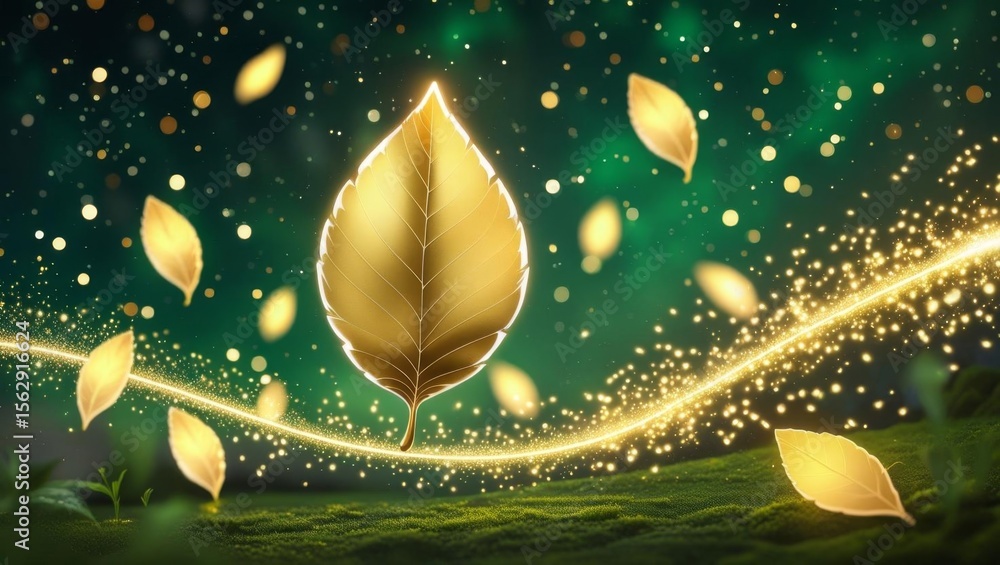 Fototapeta premium This enchanting image showcases a large golden leaf illuminated from within against a rich green background.