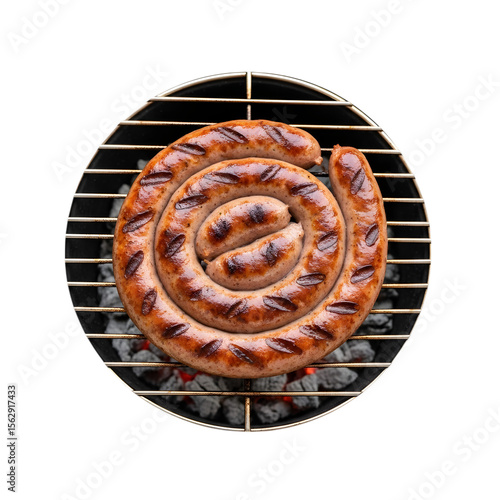A Sizzling South African Boerewors Sausage Grilling on a Traditional Charcoal Braai on isolated transparent background