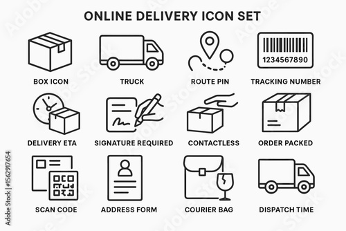 Online delivery icons: box, truck, route, barcode, signature, contactless, qr code, courier bag