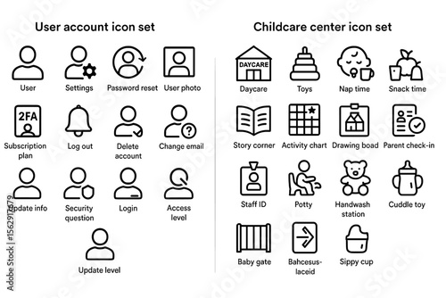 User account and childcare center icon set featuring simplified designs