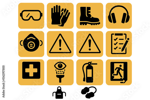 Essential safety equipment icons: goggles, gloves, boots, mask, fire extinguisher, signs