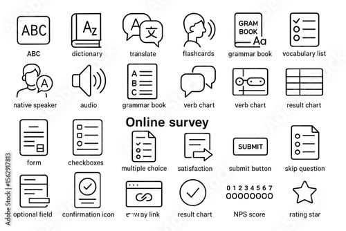Education and survey icons set featuring language, forms, and rating elements