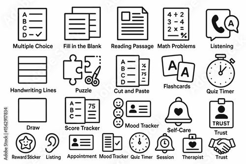 Educational icons set for classroom activities and learning tools