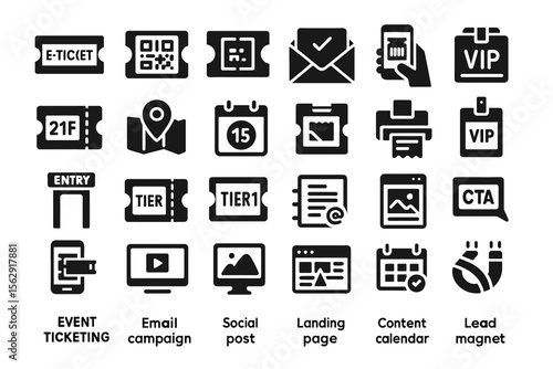 Black and white event and marketing icons including tickets, email, and vip symbols