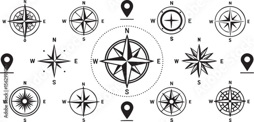 Compass Rose Vector Icons: Navigation, Cartography, and Directional Symbols in Black and White for Map Design and Travel Graphics
