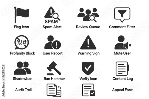 User moderation icons: spam alert, review queue, content management, warning signs, user verification